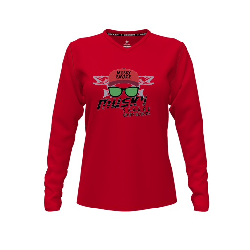 [CUS-DFW-TEES-PER-VNK-LSL-RED-FYXS-LOGO3] Performance T-Shirt (Female Youth XS, Red, V Neck, Logo 3, Long Sleeve)